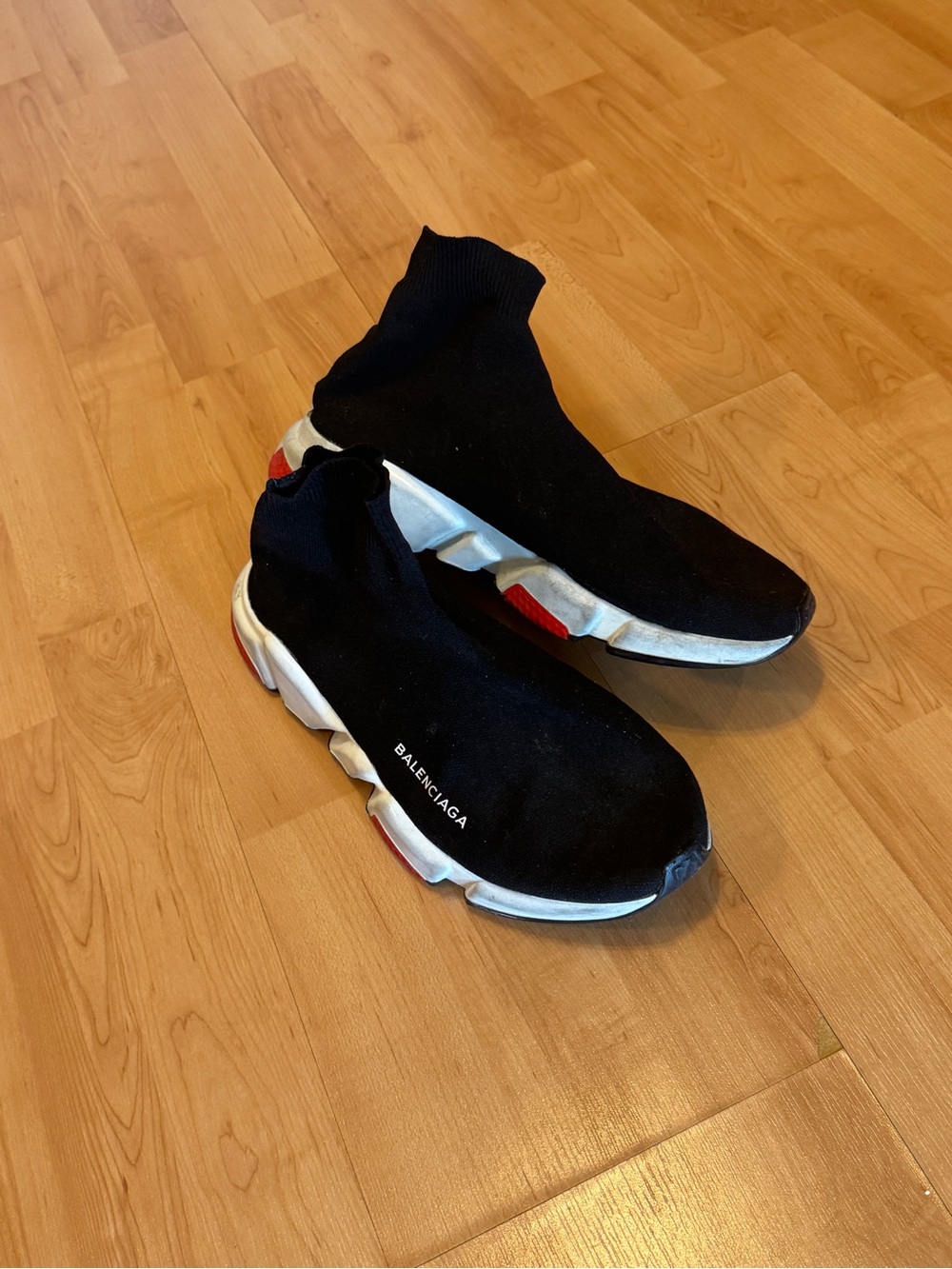 Balenciaga Black Sock-Style Slip-On Sneakers with White Soles and Red Accents
